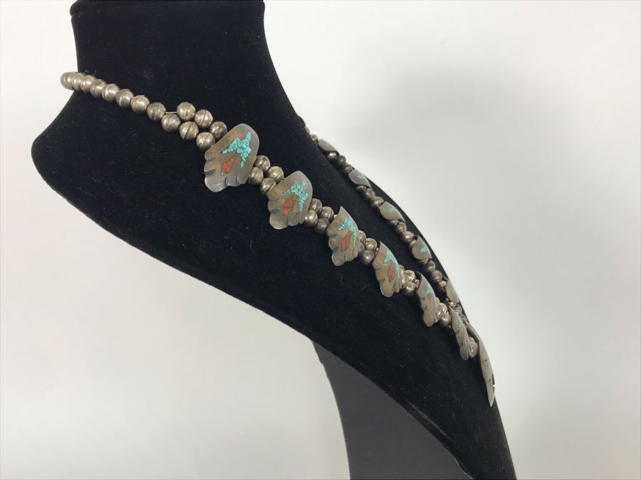 Old Native American Sterling Silver Necklace Featuring Inlaid Turquoise And Coral Thunderbird Design 142g [Photo 10]