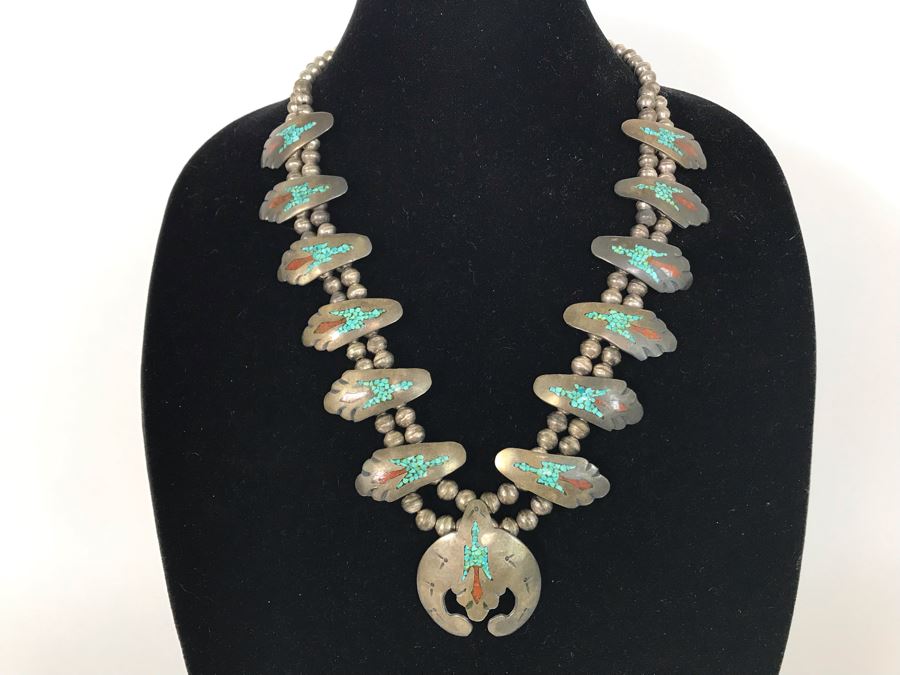 Old Native American Sterling Silver Necklace Featuring Inlaid Turquoise And Coral Thunderbird Design 142g [Photo 2]