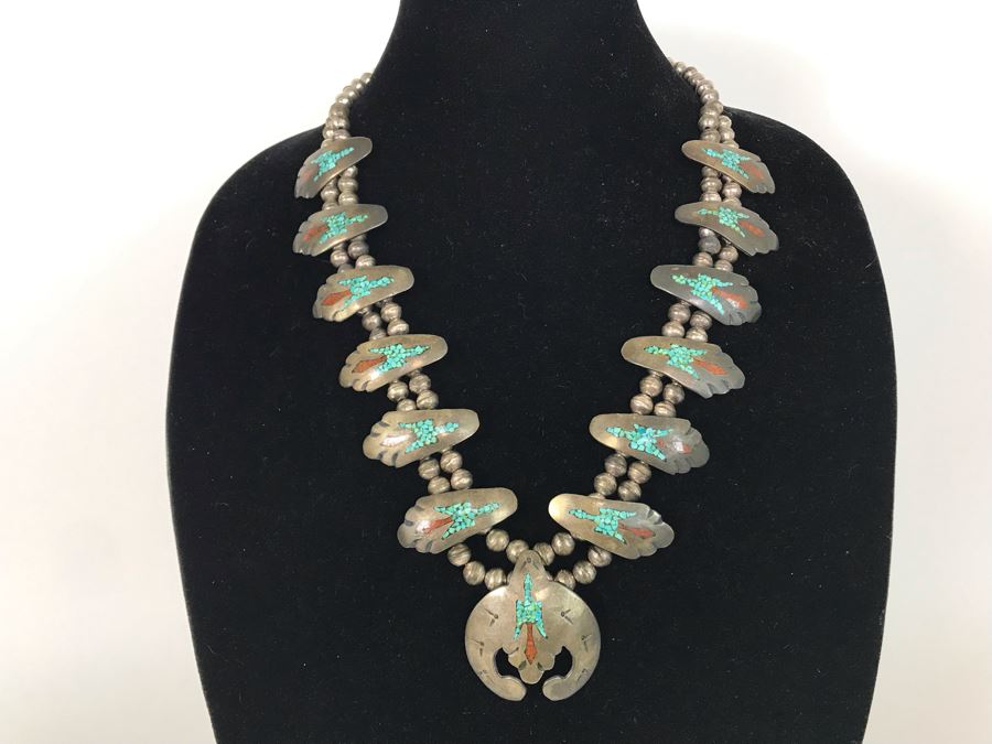 Old Native American Sterling Silver Necklace Featuring Inlaid Turquoise And Coral Thunderbird Design 142g [Photo 3]