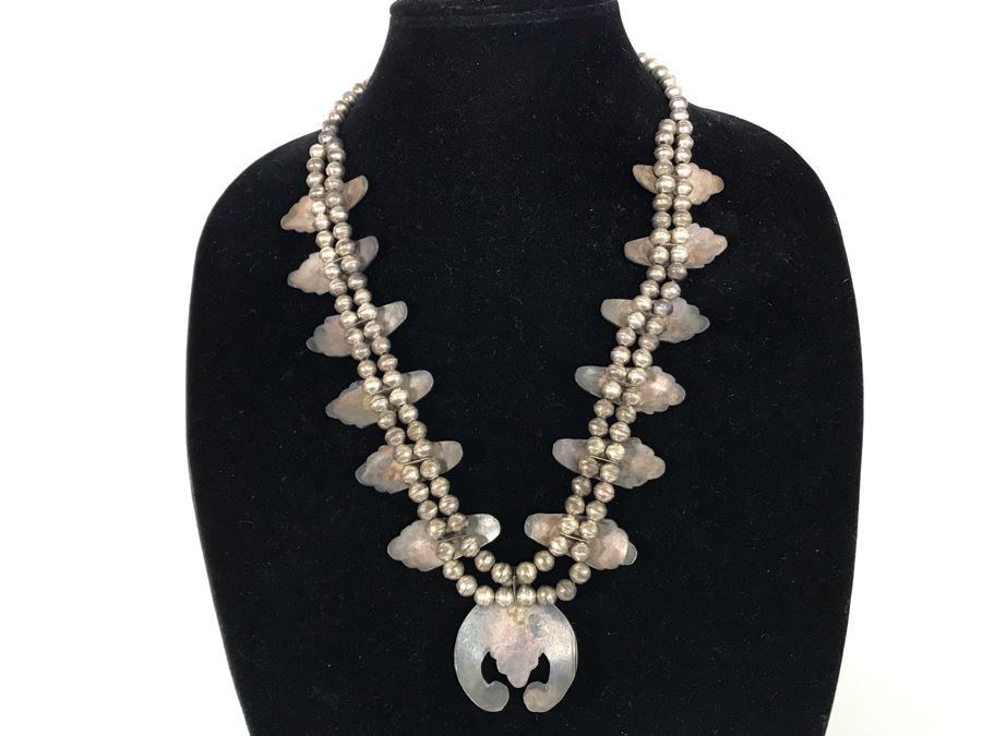 Old Native American Sterling Silver Necklace Featuring Inlaid Turquoise And Coral Thunderbird Design 142g [Photo 13]