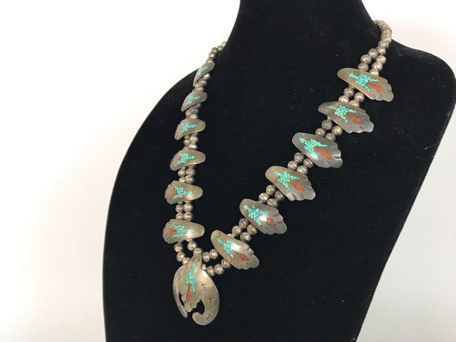 Old Native American Sterling Silver Necklace Featuring Inlaid Turquoise And Coral Thunderbird Design 142g [Photo 11]