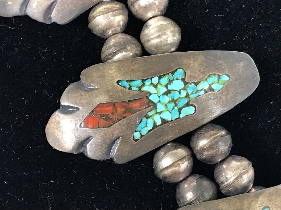 Old Native American Sterling Silver Necklace Featuring Inlaid Turquoise And Coral Thunderbird Design 142g [Photo 8]
