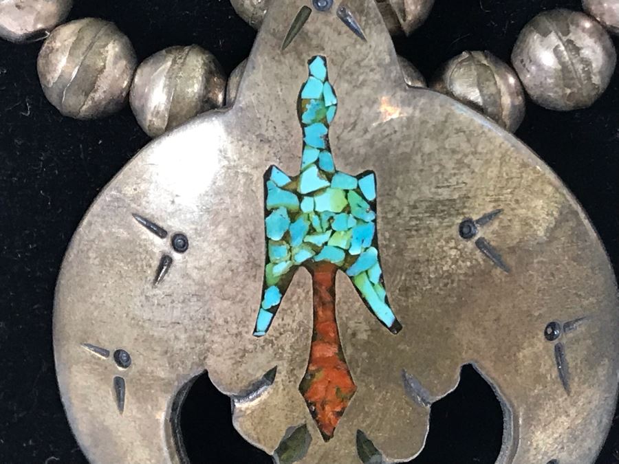 Old Native American Sterling Silver Necklace Featuring Inlaid Turquoise And Coral Thunderbird Design 142g [Photo 5]