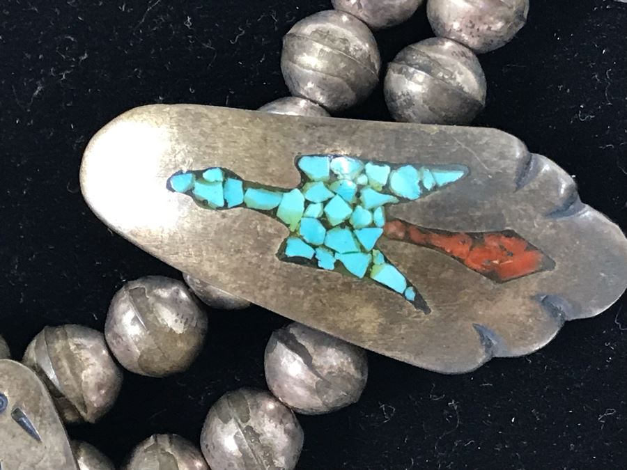 Old Native American Sterling Silver Necklace Featuring Inlaid Turquoise And Coral Thunderbird Design 142g [Photo 6]