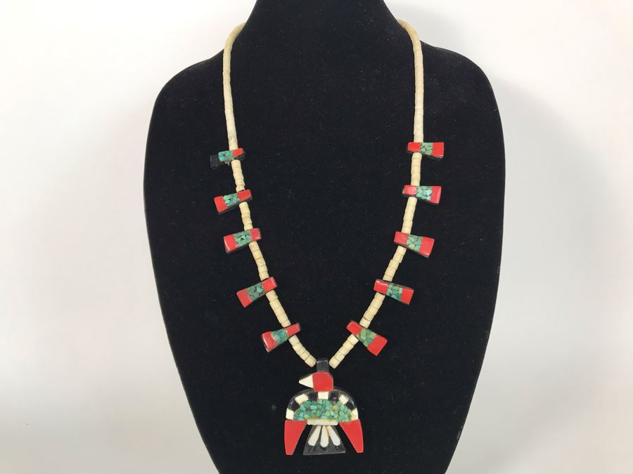 Old Santa Domingo Pueblo Turquoise, Gypsum And Plastic Thunderbird Necklace Jewelry New Mexican Folk Art Native American [Photo 2]