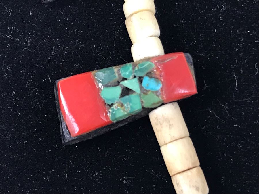 Old Santa Domingo Pueblo Turquoise, Gypsum And Plastic Thunderbird Necklace Jewelry New Mexican Folk Art Native American [Photo 8]