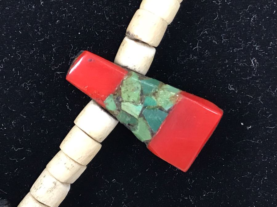 Old Santa Domingo Pueblo Turquoise, Gypsum And Plastic Thunderbird Necklace Jewelry New Mexican Folk Art Native American [Photo 7]