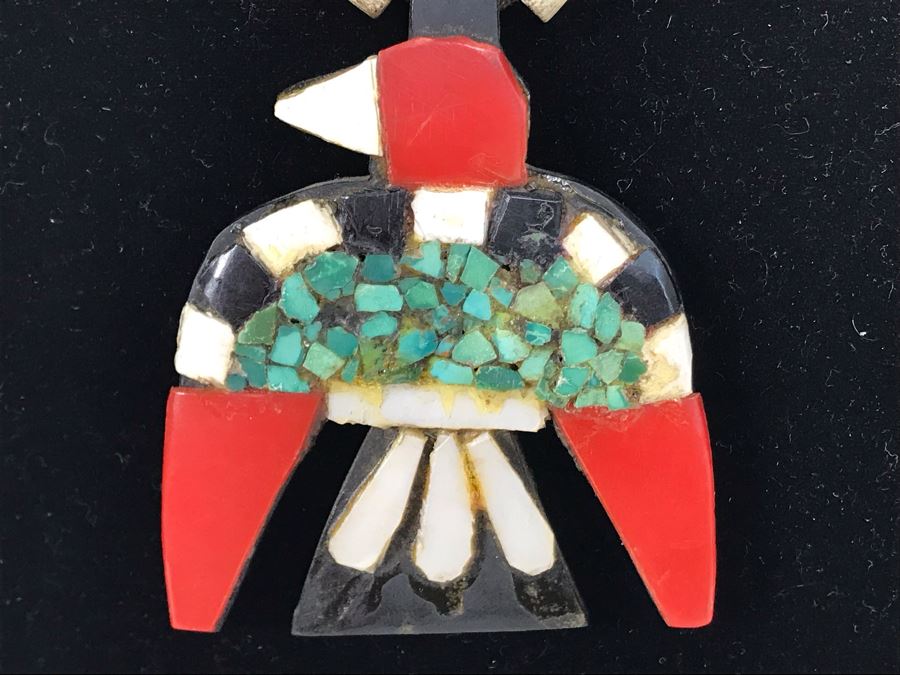 Old Santa Domingo Pueblo Turquoise, Gypsum And Plastic Thunderbird Necklace Jewelry New Mexican Folk Art Native American [Photo 4]