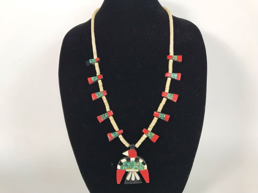 Old Santa Domingo Pueblo Turquoise, Gypsum And Plastic Thunderbird Necklace Jewelry New Mexican Folk Art Native American [Photo 3]