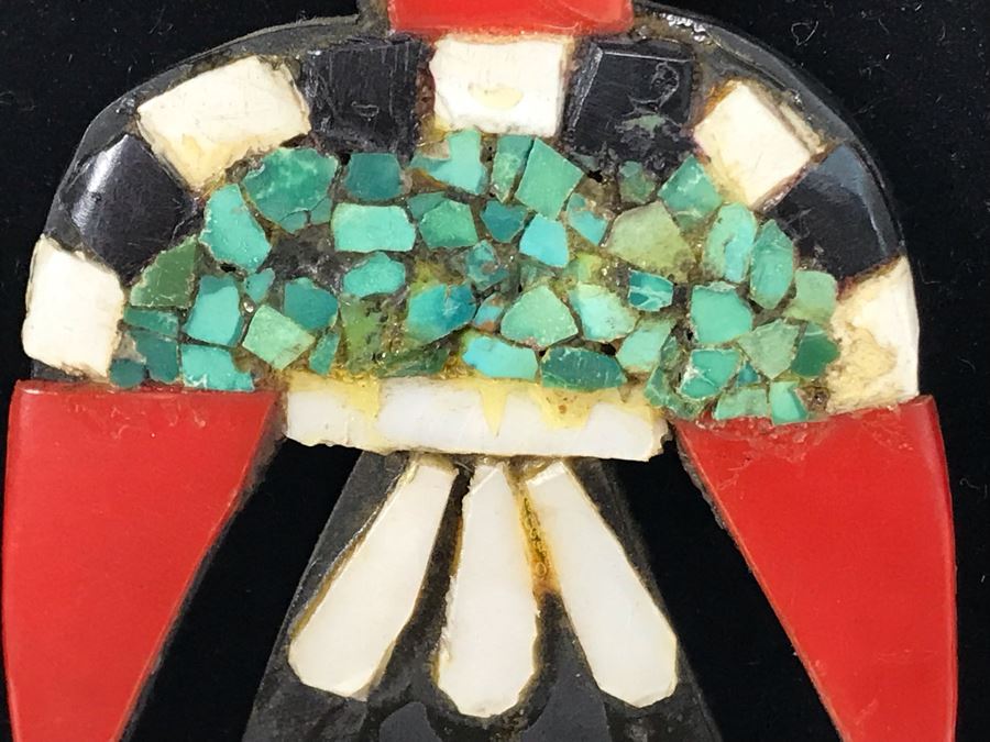 Old Santa Domingo Pueblo Turquoise, Gypsum And Plastic Thunderbird Necklace Jewelry New Mexican Folk Art Native American [Photo 6]