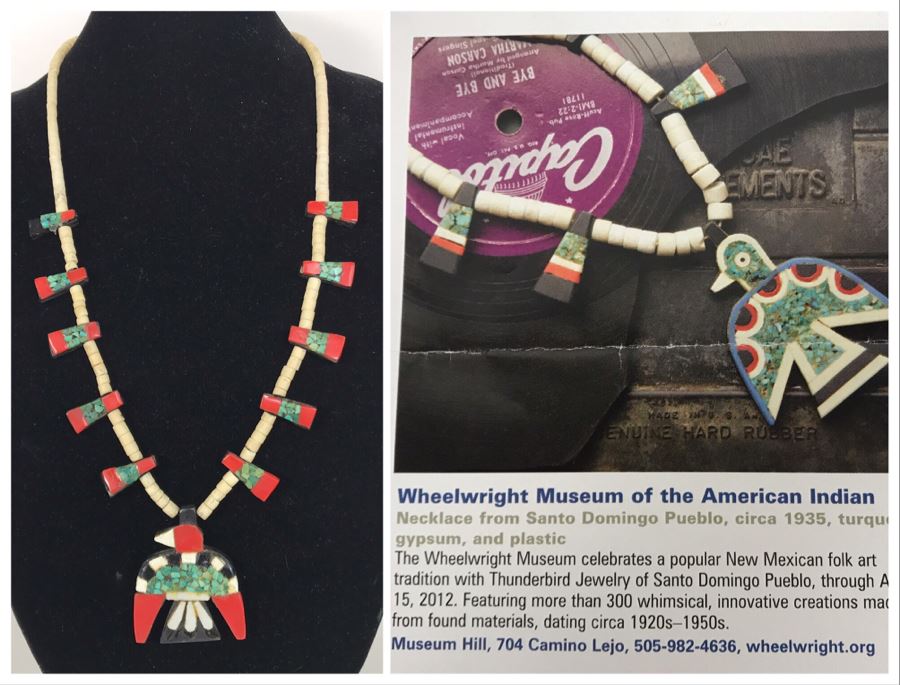 Old Santa Domingo Pueblo Turquoise, Gypsum And Plastic Thunderbird Necklace Jewelry New Mexican Folk Art Native American [Photo 1]