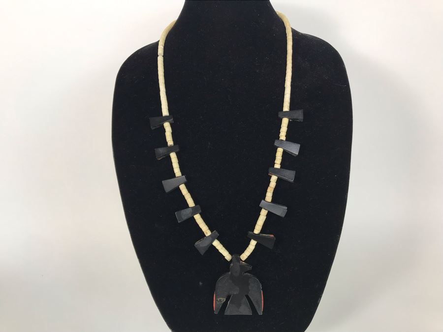 Old Santa Domingo Pueblo Turquoise, Gypsum And Plastic Thunderbird Necklace Jewelry New Mexican Folk Art Native American [Photo 10]