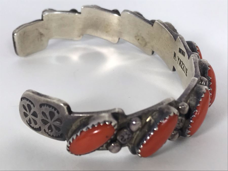 Signed M. Yazzie Sterling Silver Coral Cuff Bracelet 28.4g [Photo 8]
