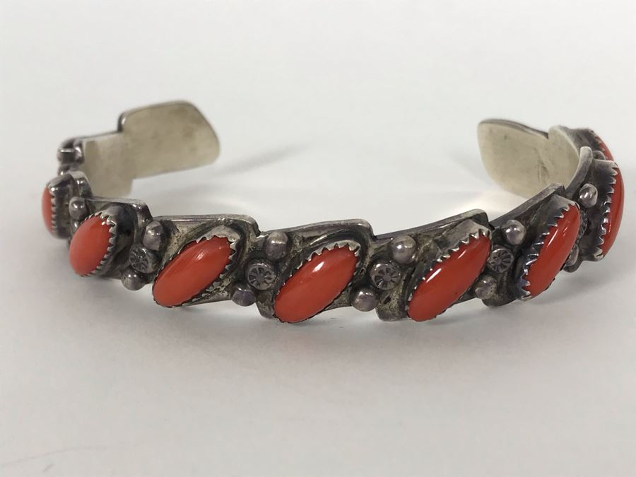 Signed M. Yazzie Sterling Silver Coral Cuff Bracelet 28.4g [Photo 2]