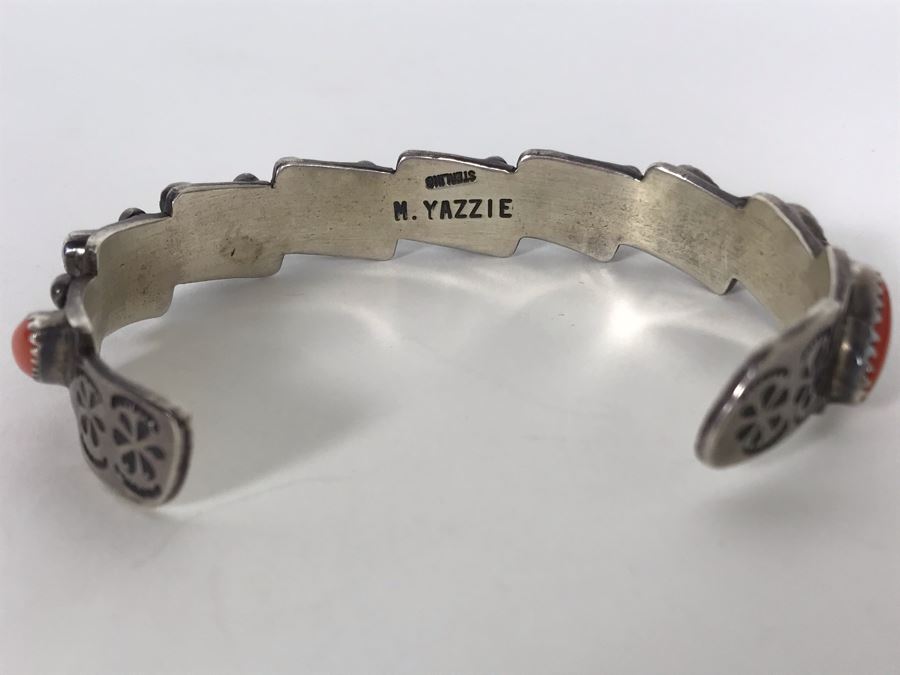 Signed M. Yazzie Sterling Silver Coral Cuff Bracelet 28.4g [Photo 10]