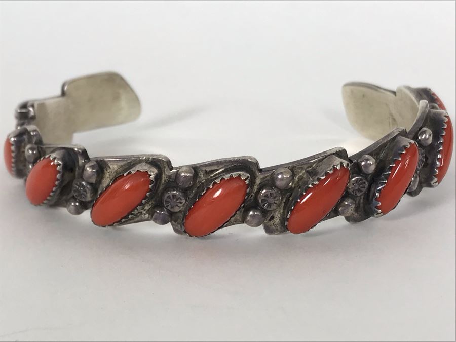 Signed M. Yazzie Sterling Silver Coral Cuff Bracelet 28.4g