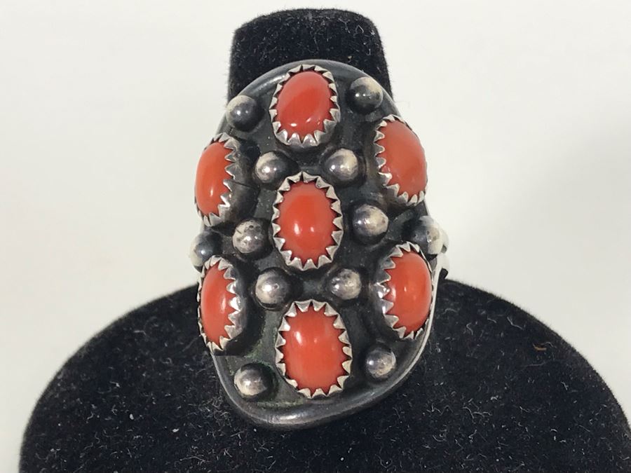 Signed B Touchin Native American Sterling Silver Coral Ring Size 9 - 8.6g [Photo 1]