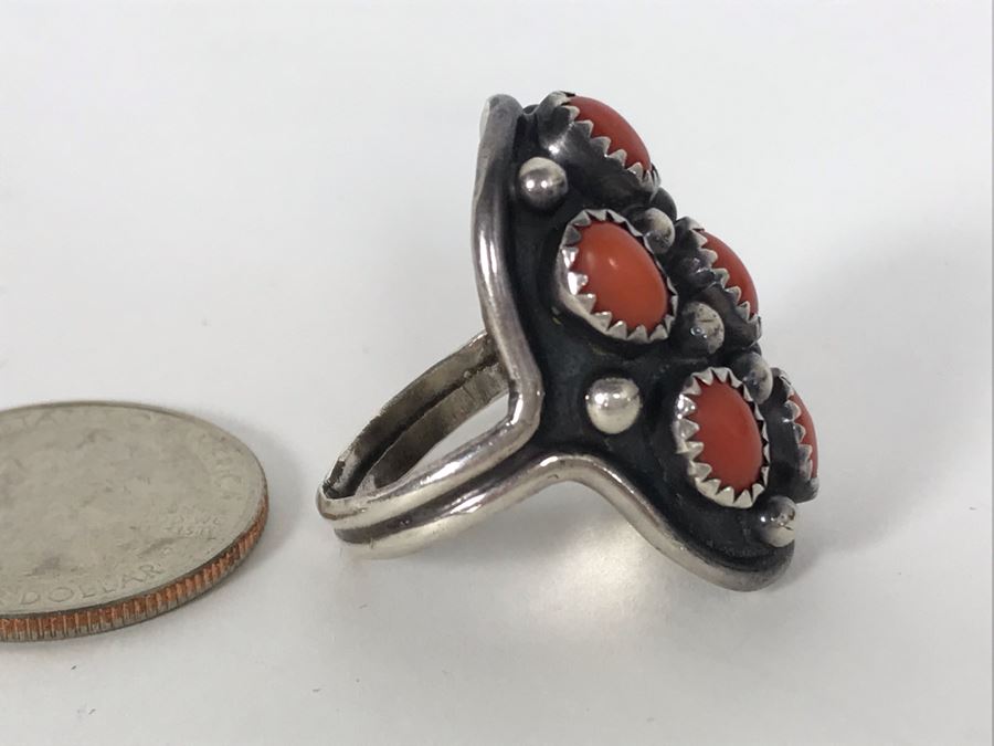 Signed B Touchin Native American Sterling Silver Coral Ring Size 9 - 8.6g [Photo 9]