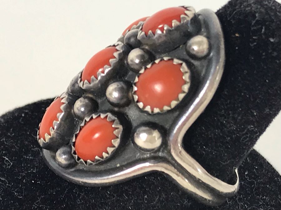 Signed B Touchin Native American Sterling Silver Coral Ring Size 9 - 8.6g [Photo 6]