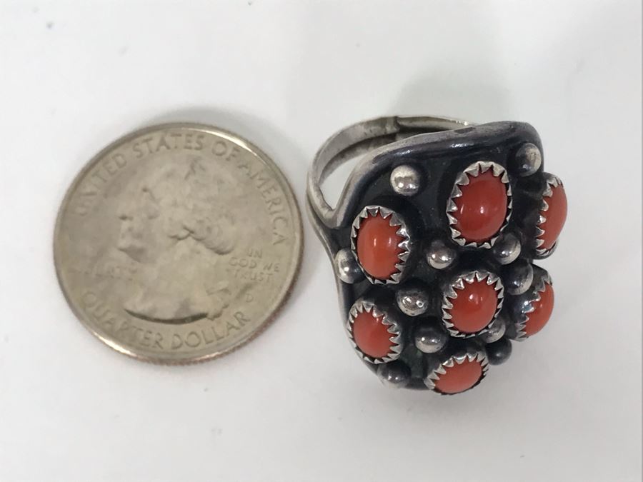Signed B Touchin Native American Sterling Silver Coral Ring Size 9 - 8.6g [Photo 11]