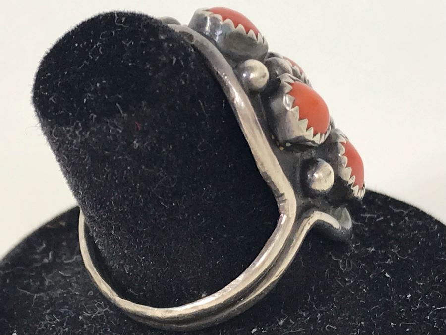 Signed B Touchin Native American Sterling Silver Coral Ring Size 9 - 8.6g [Photo 7]