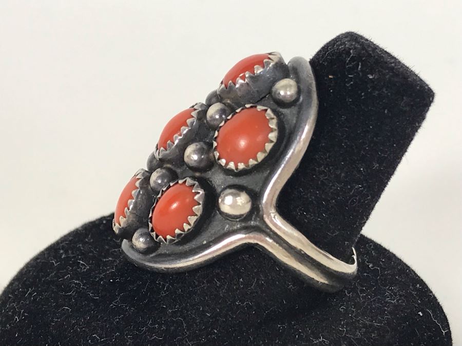 Signed B Touchin Native American Sterling Silver Coral Ring Size 9 - 8.6g [Photo 5]
