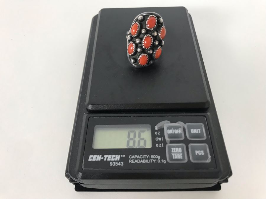 Signed B Touchin Native American Sterling Silver Coral Ring Size 9 - 8.6g [Photo 16]