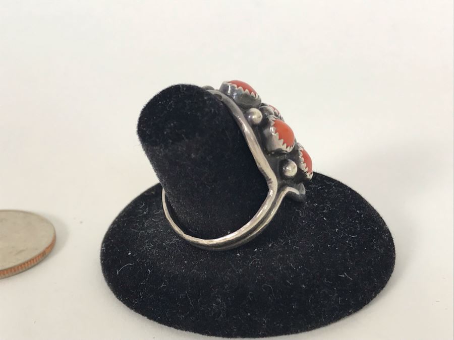 Signed B Touchin Native American Sterling Silver Coral Ring Size 9 - 8.6g [Photo 8]
