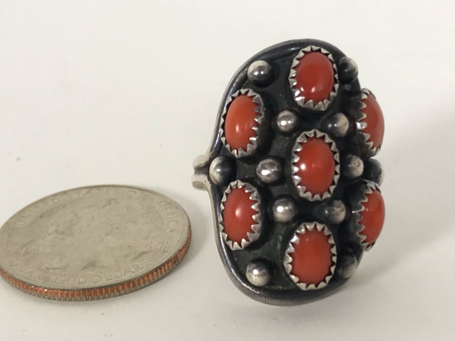 Signed B Touchin Native American Sterling Silver Coral Ring Size 9 - 8.6g [Photo 10]