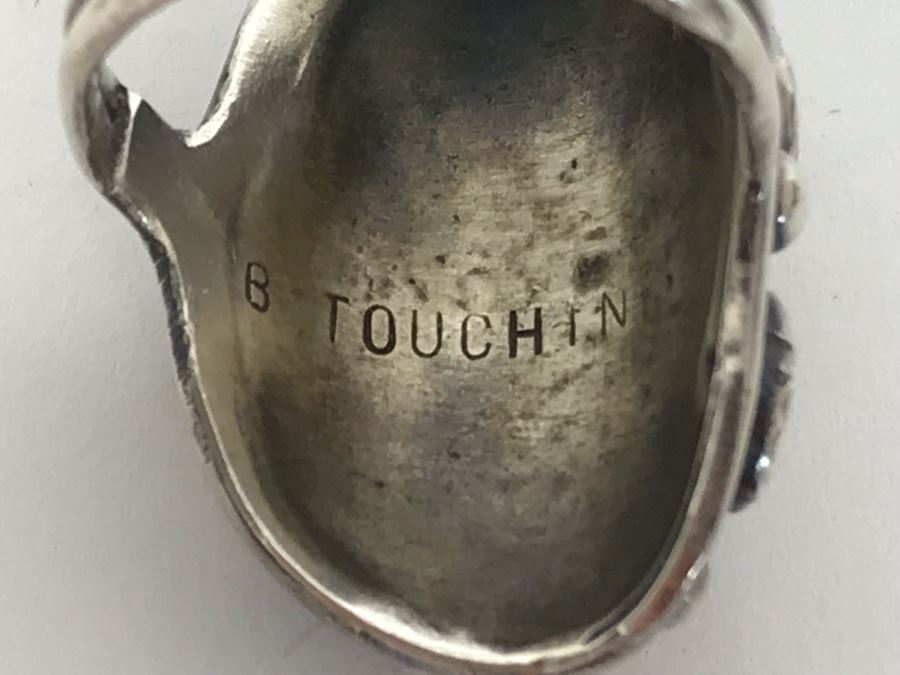 Signed B Touchin Native American Sterling Silver Coral Ring Size 9 - 8.6g [Photo 13]