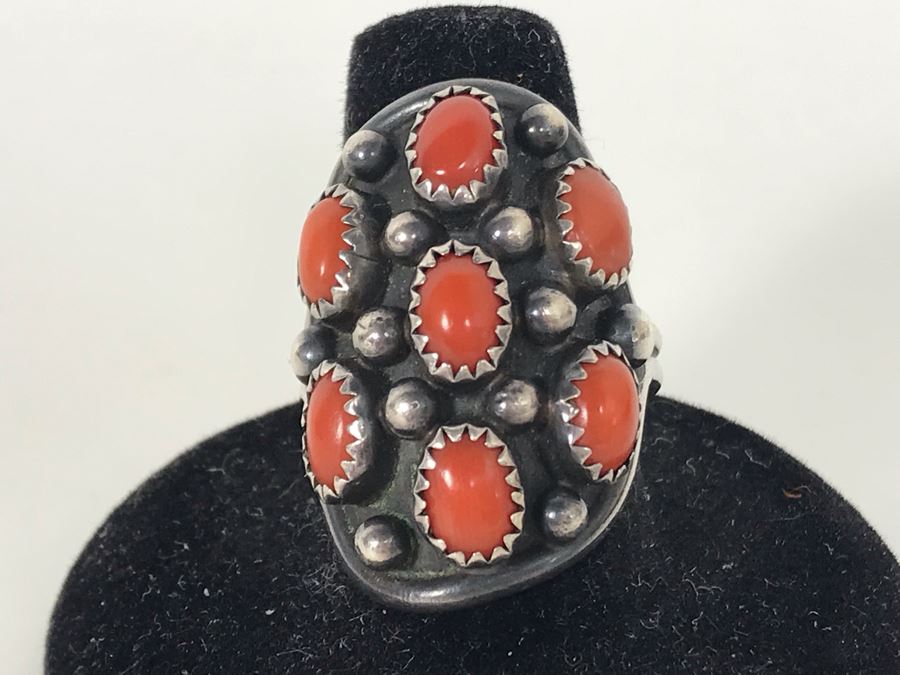 Signed B Touchin Native American Sterling Silver Coral Ring Size 9 - 8.6g [Photo 3]