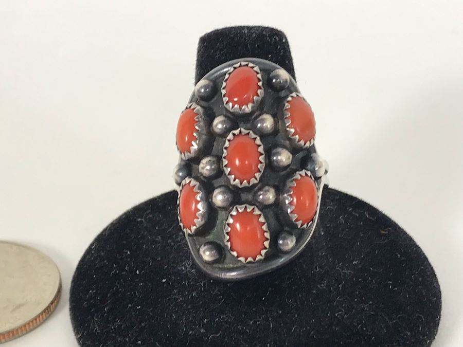 Signed B Touchin Native American Sterling Silver Coral Ring Size 9 - 8.6g [Photo 4]