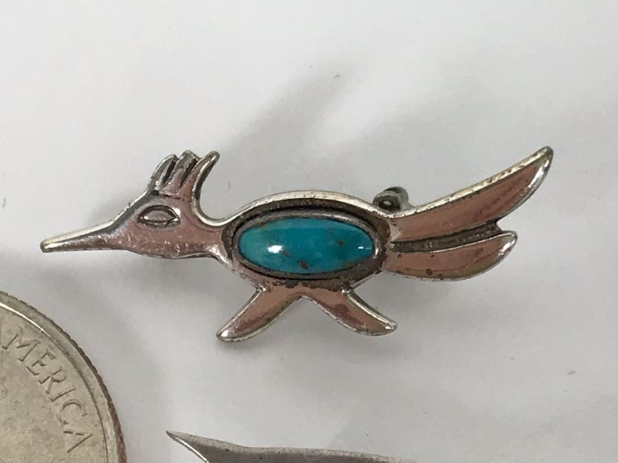 Set Of (3) Native American Sterling Silver Turquoise Roadrunner Pins 6g [Photo 6]