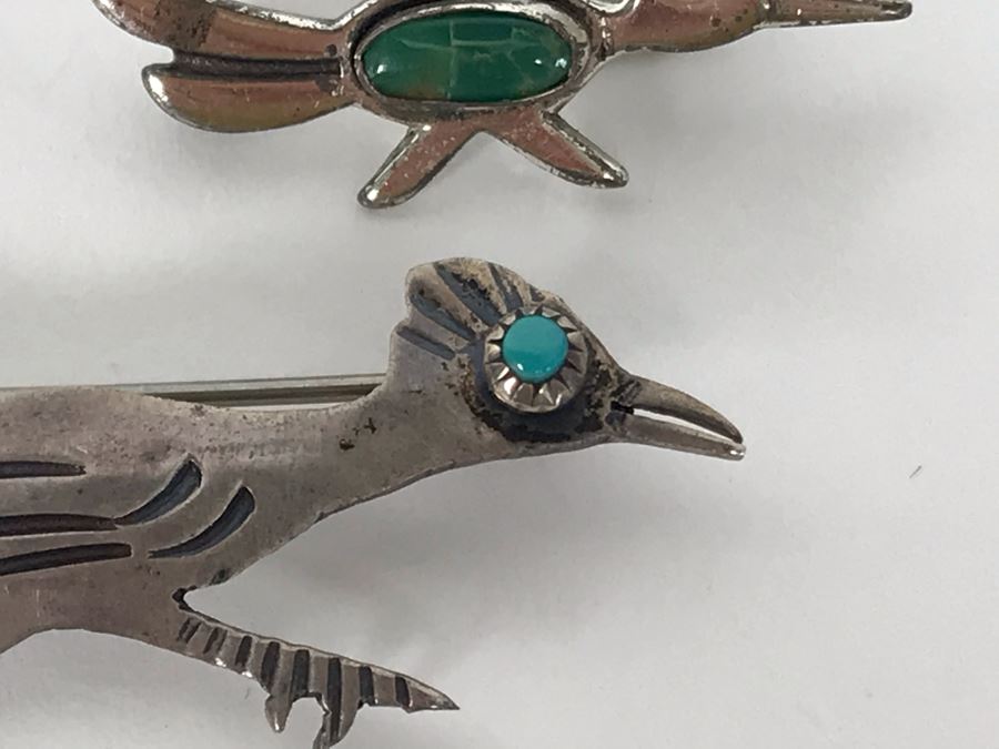 Set Of (3) Native American Sterling Silver Turquoise Roadrunner Pins 6g [Photo 4]