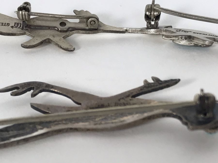 Set Of (3) Native American Sterling Silver Turquoise Roadrunner Pins 6g [Photo 11]