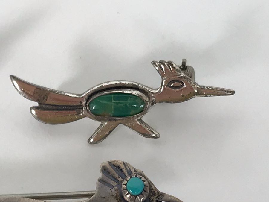 Set Of (3) Native American Sterling Silver Turquoise Roadrunner Pins 6g