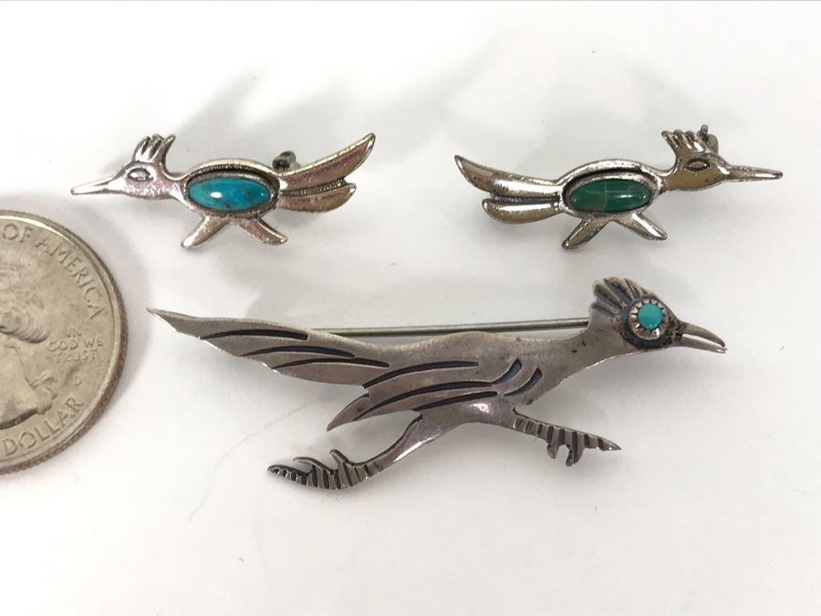 Set Of (3) Native American Sterling Silver Turquoise Roadrunner Pins 6g