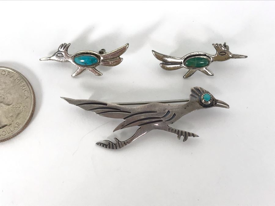 Set Of (3) Native American Sterling Silver Turquoise Roadrunner Pins 6g [Photo 2]