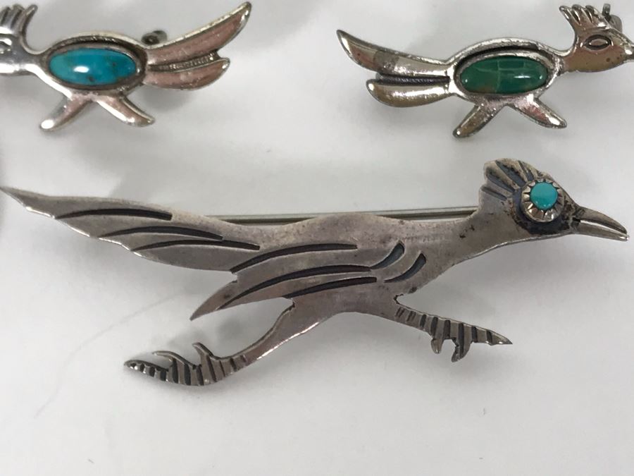 Set Of (3) Native American Sterling Silver Turquoise Roadrunner Pins 6g [Photo 3]