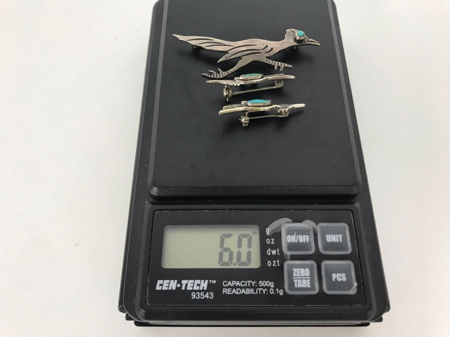 Set Of (3) Native American Sterling Silver Turquoise Roadrunner Pins 6g [Photo 12]