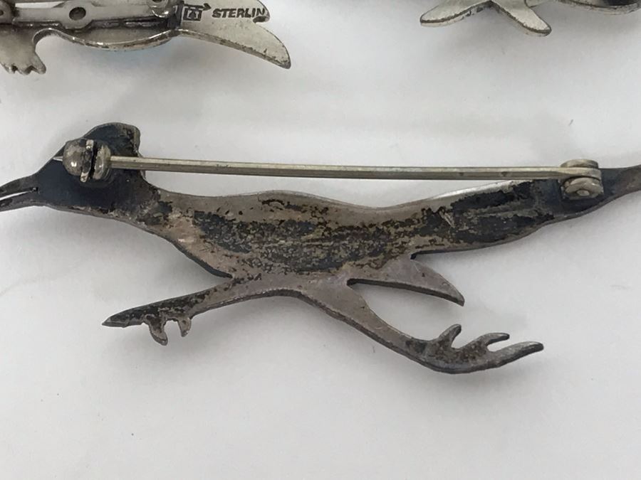 Set Of (3) Native American Sterling Silver Turquoise Roadrunner Pins 6g [Photo 10]