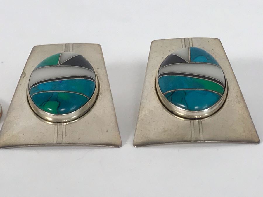 Signed Pair Of Native American Sterling Silver With Inlaid Stones Earrings 16.7g [Photo 6]
