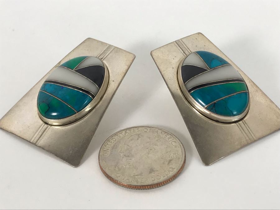 Signed Pair Of Native American Sterling Silver With Inlaid Stones Earrings 16.7g [Photo 9]