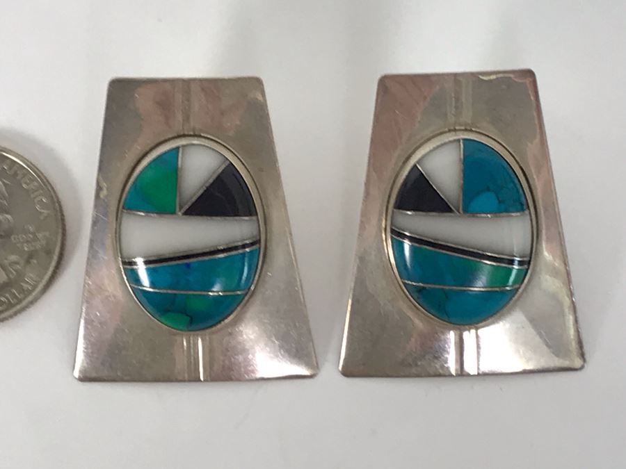 Signed Pair Of Native American Sterling Silver With Inlaid Stones Earrings 16.7g [Photo 7]