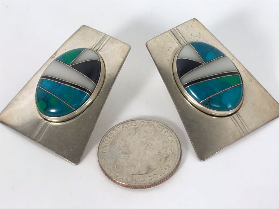Signed Pair Of Native American Sterling Silver With Inlaid Stones Earrings 16.7g