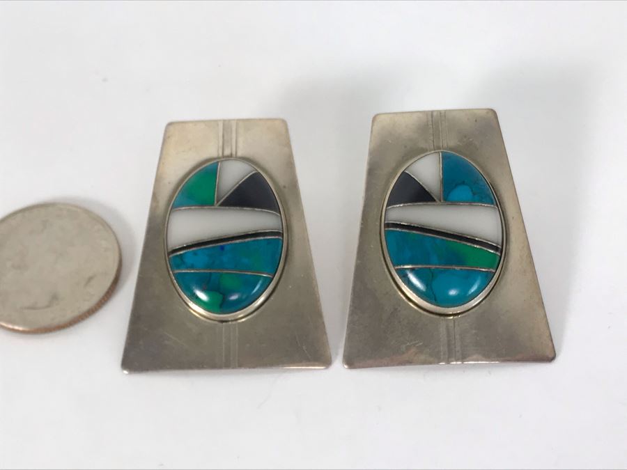 Signed Pair Of Native American Sterling Silver With Inlaid Stones Earrings 16.7g [Photo 3]