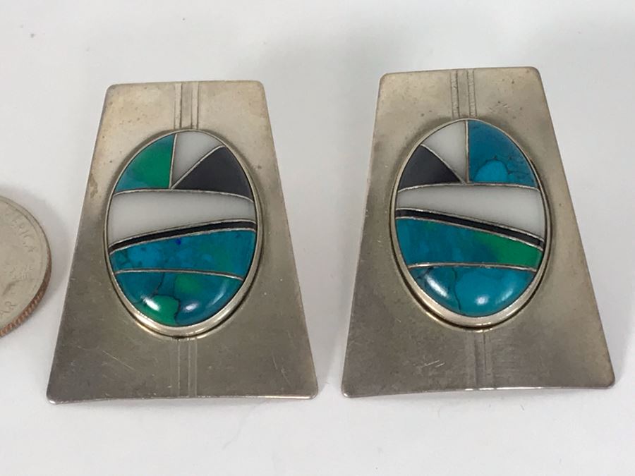 Signed Pair Of Native American Sterling Silver With Inlaid Stones Earrings 16.7g [Photo 5]