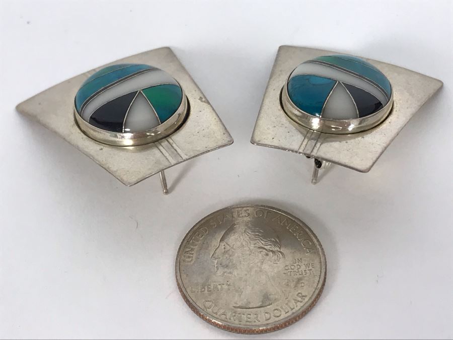 Signed Pair Of Native American Sterling Silver With Inlaid Stones Earrings 16.7g [Photo 11]