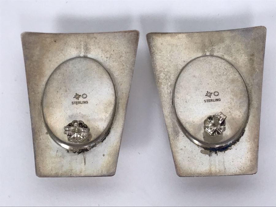 Signed Pair Of Native American Sterling Silver With Inlaid Stones Earrings 16.7g [Photo 12]