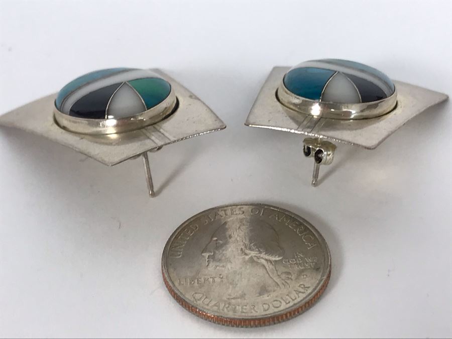Signed Pair Of Native American Sterling Silver With Inlaid Stones Earrings 16.7g [Photo 10]